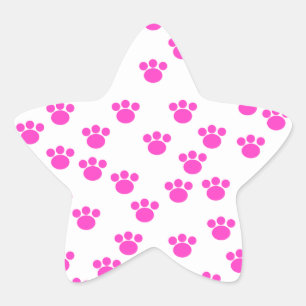 Bright Pink and White Paw Print Pattern. Star Sticker
