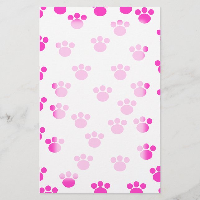 Bright Pink and White Paw Print Pattern. Stationery (Front)