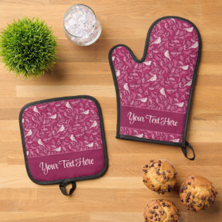 Bright Pink and Winter White Birds Floral Pattern Oven Mitt & Pot Holder Set