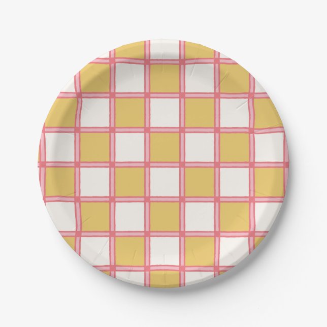 Bright Pink and Yellow Checkers Paper Plate (Front)