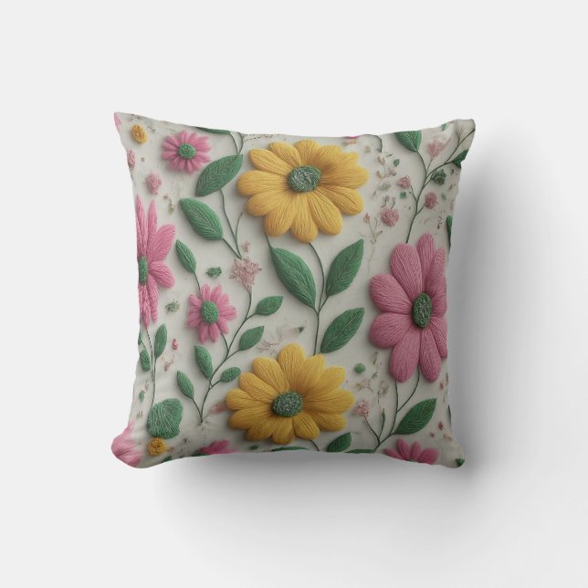 Bright Pink and Yellow Floral Embroidery Style Art Cushion (Front)