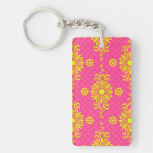 Bright Pink and Yellow Flowers Design Key Ring
