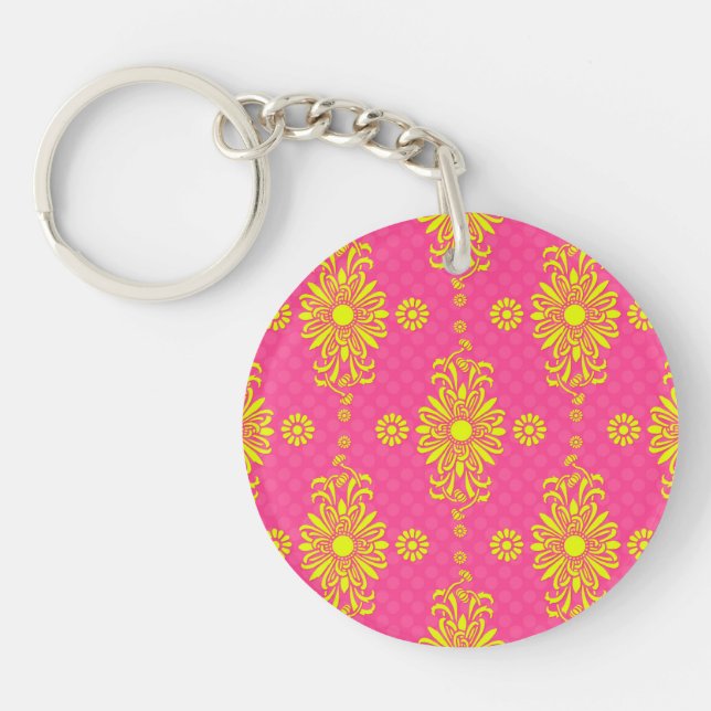 Bright Pink and Yellow Flowers Design Key Ring (Front)