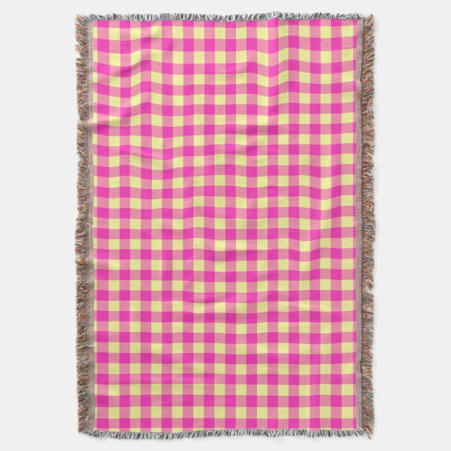 Bright Pink and Yellow Gingham Chequerboard  Throw Blanket (Front Vertical)