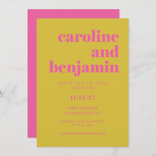 Bright Pink and Yellow Typography Modern Wedding   Invitation (Front/Back)