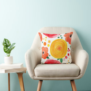 Bright Pink and Yellow Watercolor Floral Cushion