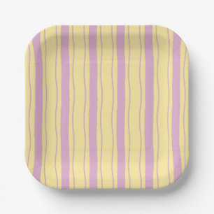 Bright Pink and Yellow Wavy Stripes Paper Plate