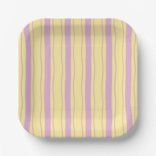 Bright Pink and Yellow Wavy Stripes Paper Plate (Front)
