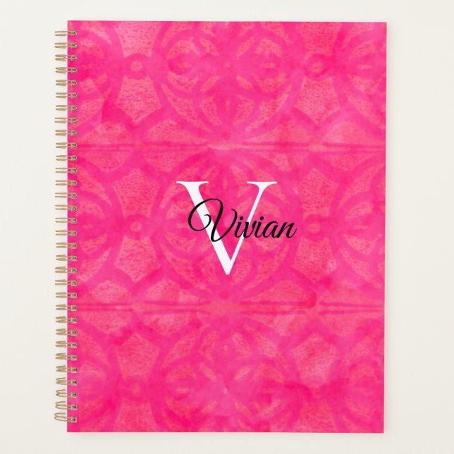 Bright Pink Batik Elegant Monogram Name Planner (Front)