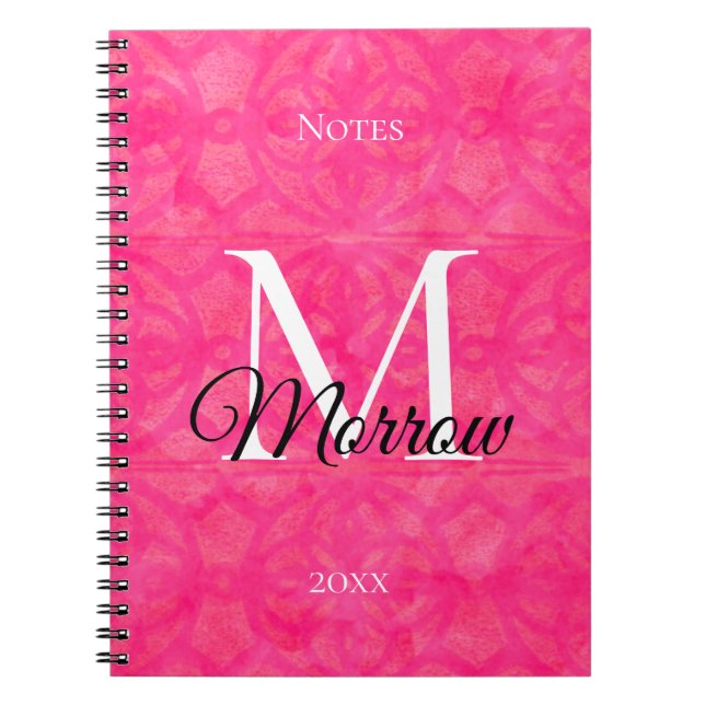  Bright Pink Batik Name and Year Monogrammed  Notebook (Front)