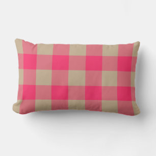 Bright Pink Beige Gingham Check Pattern Lumbar Cushion