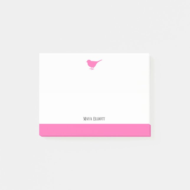 Bright Pink Bird & Border on White w/ Name Post-it Notes (Front)