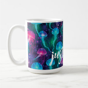 Bright Pink Blue Aqua Jellyfish "Just Float" Coffee Mug