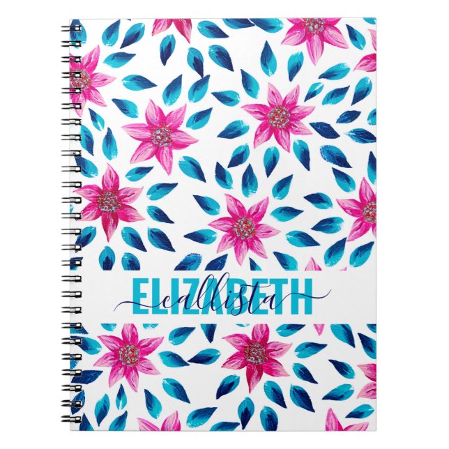 Bright Pink Blue Flowers Leaves Acrylic Monogram Notebook (Front)