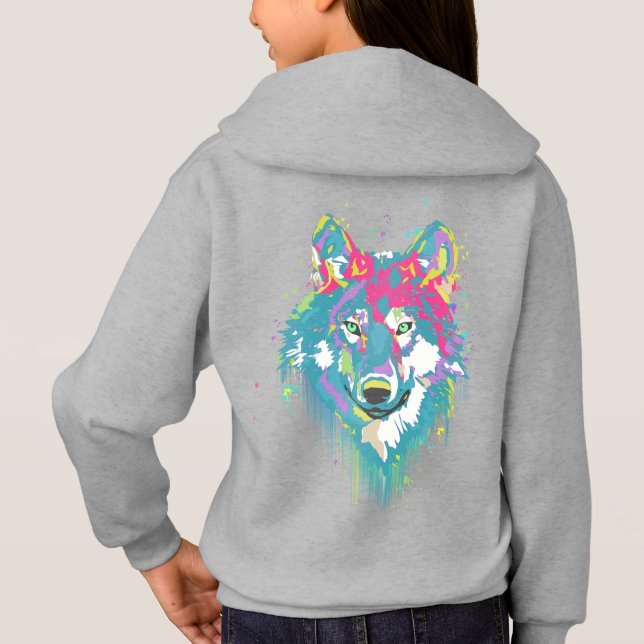 Bright Pink Blue Neon Watercolors Splatters Wolf (Back)