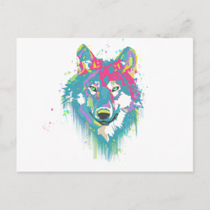 Bright Pink Blue Neon Watercolors Splatters Wolf Postcard