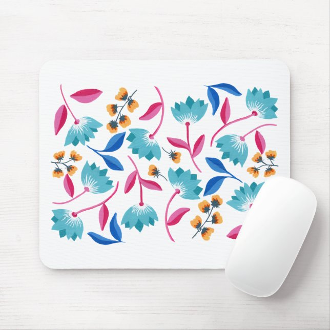 Bright Pink Blue Painted Abstract Floral Mouse Pad (With Mouse)