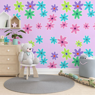 Bright Pink Blue Purple Lime Green Flowers Pattern Wallpaper