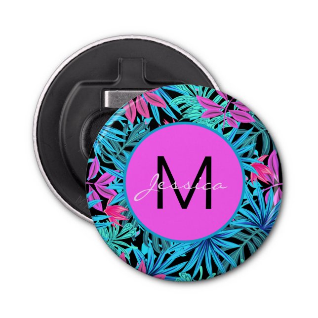 Bright Pink Blue Tropical Floral Personalised Bottle Opener (Front)