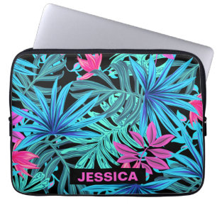 Bright Pink Blue Tropical Floral Personalised Laptop Sleeve