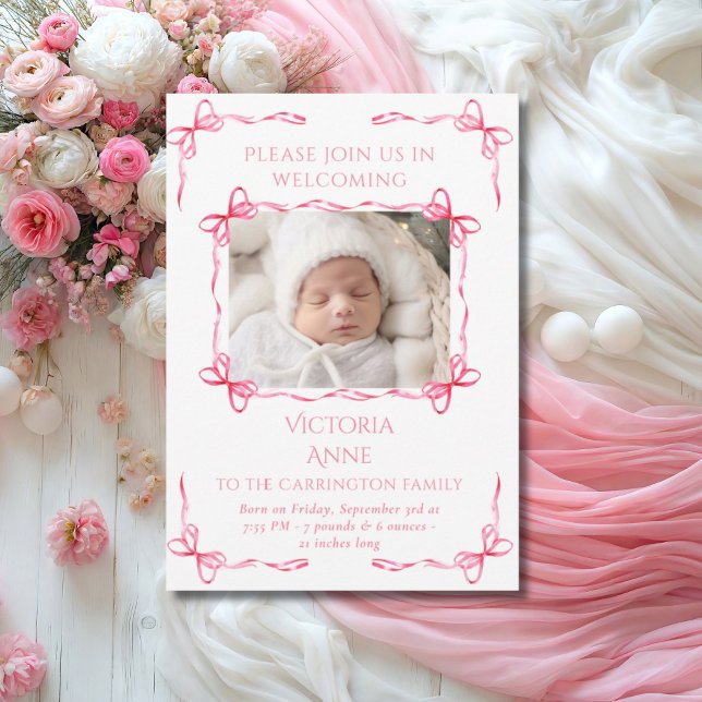 Bright Pink Bows Baby Photo Birth Announcement (Creator Uploaded)