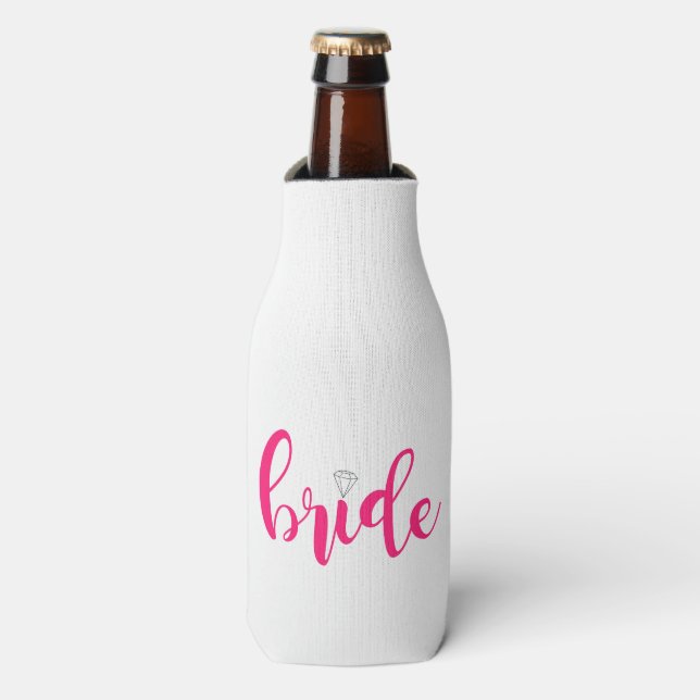 Bright pink bride, fuchsia script, wedding bottle cooler (Bottle Front)