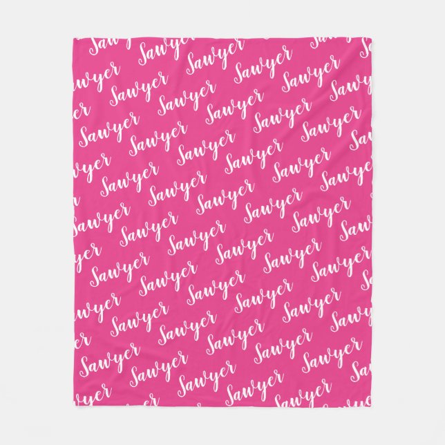 Bright Pink Calligraphy Personalised Repeat Name Fleece Blanket (Front)