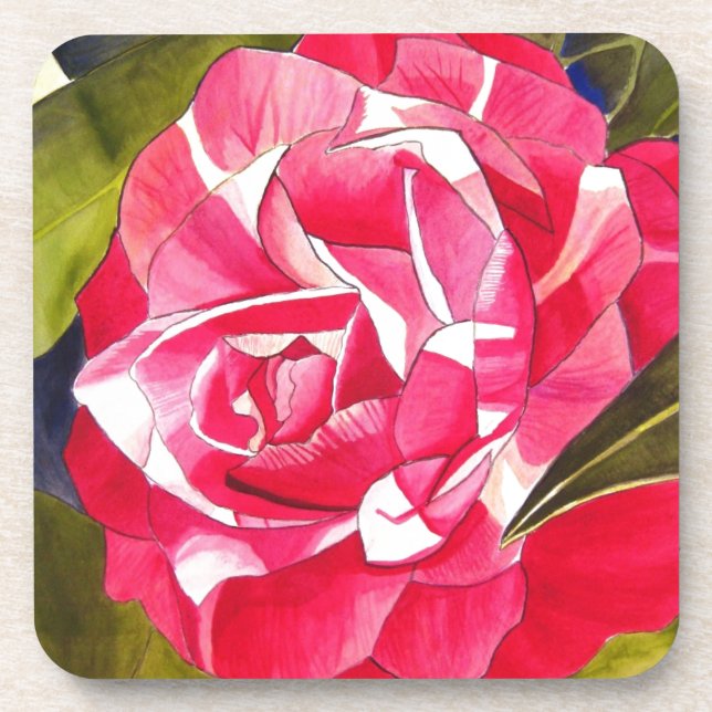 Bright pink Camellia watercolor art flower Coaster (Front)
