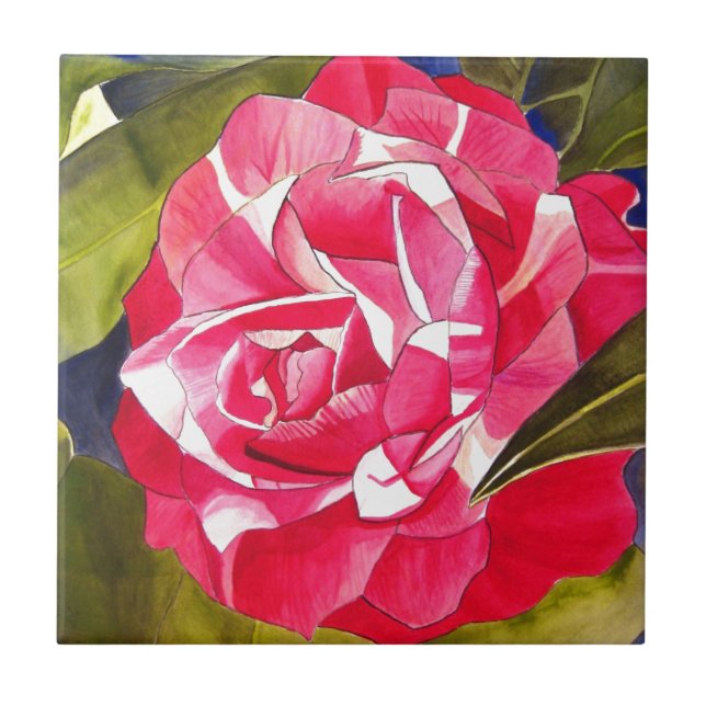 Bright pink Camellia watercolor art flower Tile (Front)