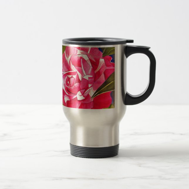 Bright pink Camellia watercolor art flower Travel Mug (Right)