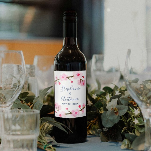 Bright Pink Cherry Blossom Watercolor Wedding Wine Label (Creator Uploaded)