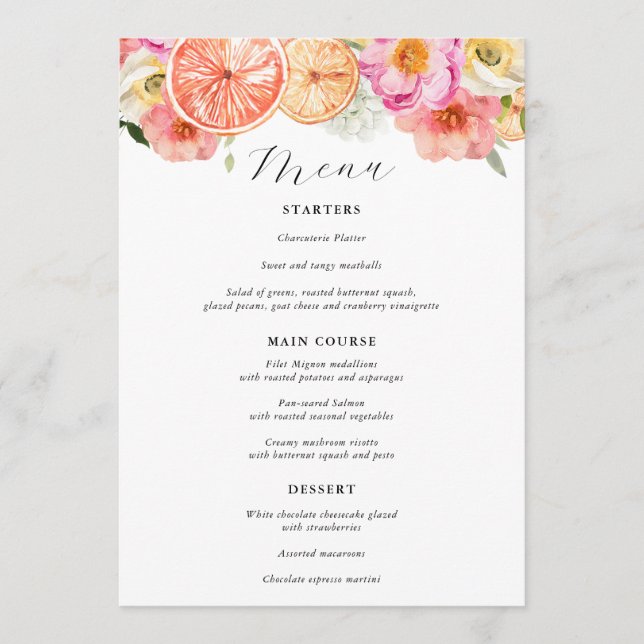 Bright Pink Citrus Wedding Menu (Front)