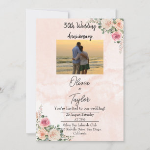 Bright Pink Cream Floral Wedding Anniversary  Invitation