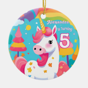 Bright Pink Cute Unicorn Birthday Ceramic Tree Decoration