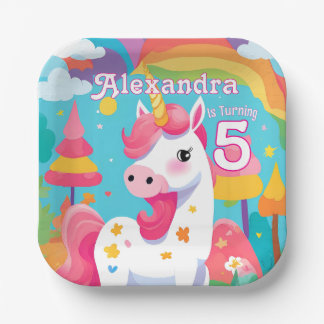 Bright Pink Cute Unicorn Birthday Paper Plate