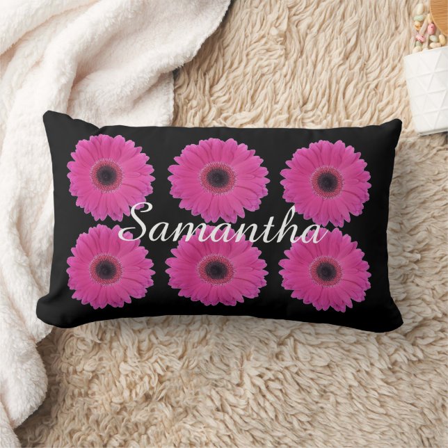 Bright Pink Daisies on Black Personalised Lumbar Cushion (Blanket)