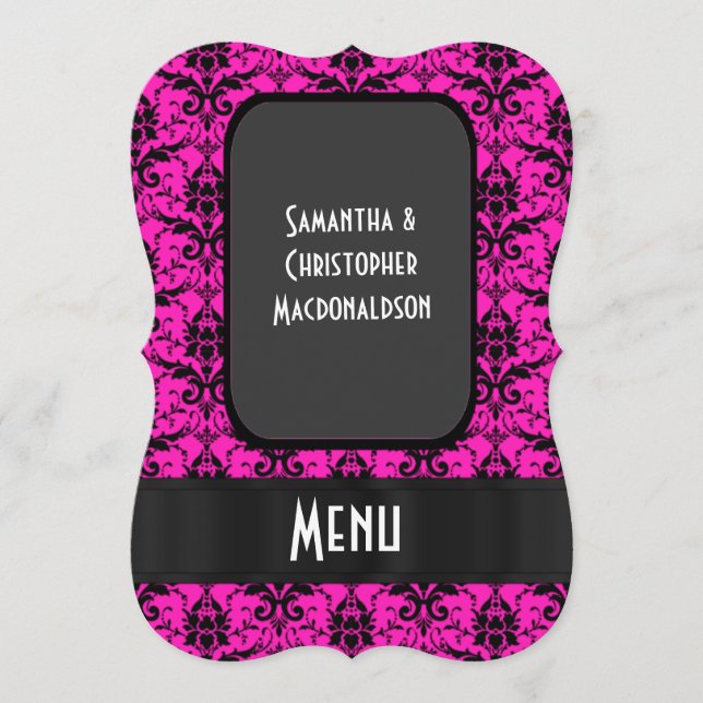 Bright pink damask formal wedding menu (Front)
