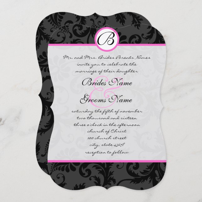Bright Pink Damask Swirls Wedding Invitations (Front/Back)