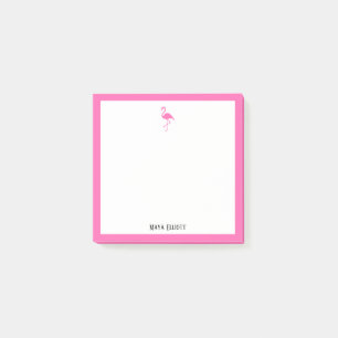 Bright Pink Flamingo and Border on White w/ Name Post-it Notes