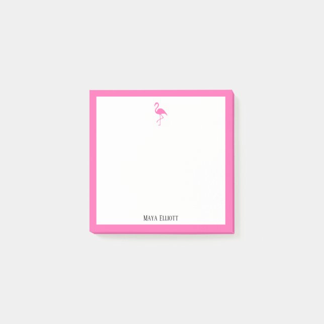Bright Pink Flamingo and Border on White w/ Name Post-it Notes (Front)