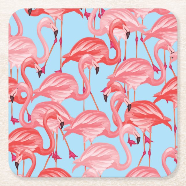 Bright Pink Flamingos On Blue 2 Square Paper Coaster (Front)