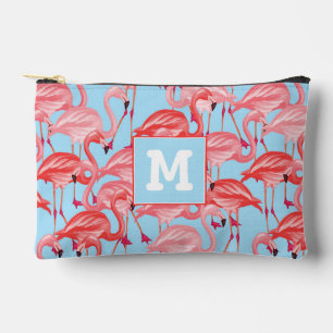 Bright Pink Flamingos On Blue   Add Your Initial Accessory Pouch