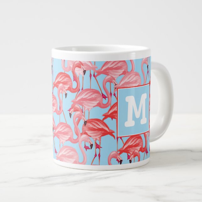 Bright Pink Flamingos On Blue | Add Your Initial Large Coffee Mug (Front Right)