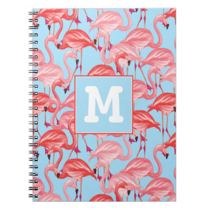 Bright Pink Flamingos On Blue Add Your Initial Spiral Notebook