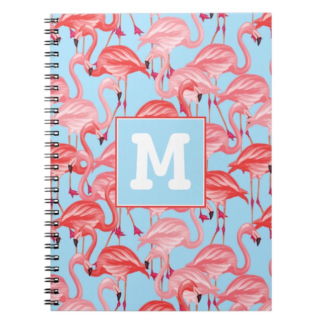 Bright Pink Flamingos On Blue | Add Your Initial Spiral Notebook (Front)