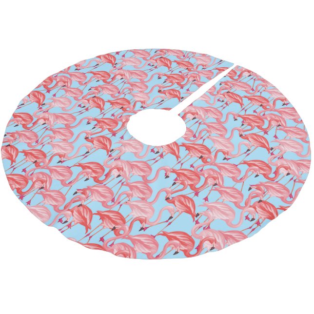 Bright Pink Flamingos On Blue Brushed Polyester Tree Skirt (Angled)