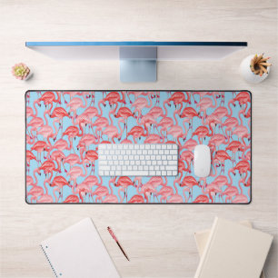 Bright Pink Flamingos On Blue Desk Mat