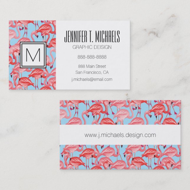 Bright Pink Flamingos On Blue | Monogram Business Card (Front/Back)