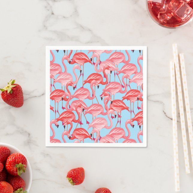 Bright Pink Flamingos On Blue Napkin (Insitu)