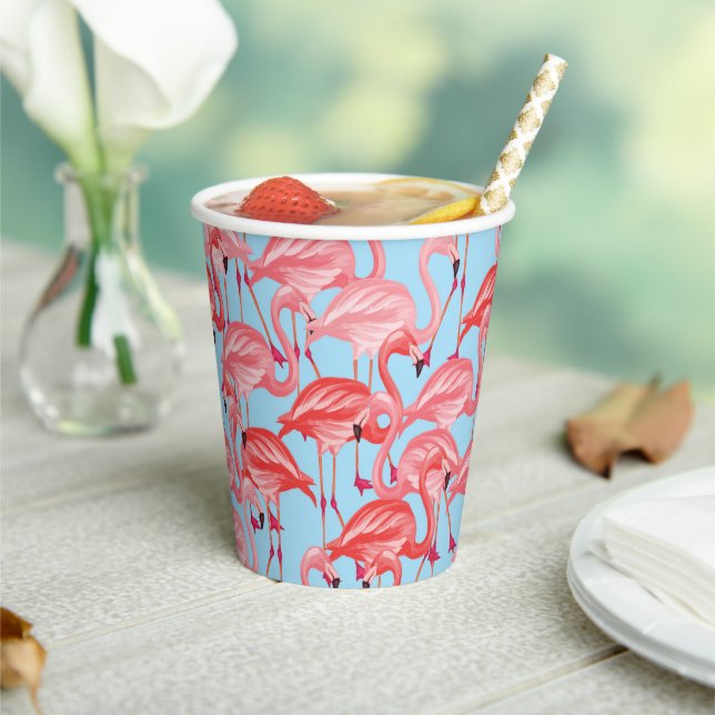 Bright Pink Flamingos On Blue Paper Cups (Insitu)